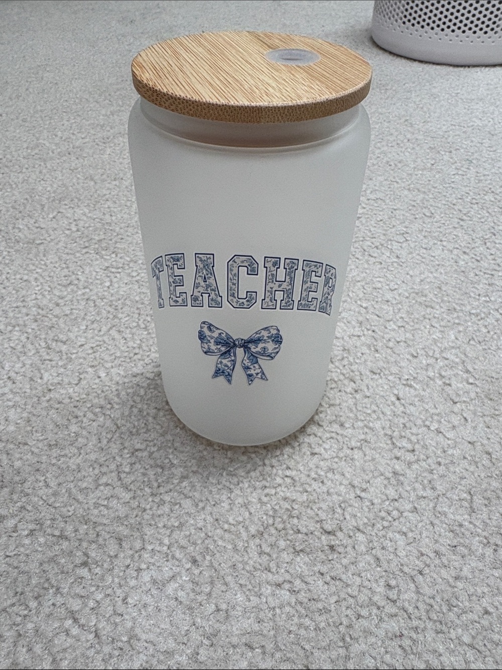 Teacher Frosted Glass Jar with Bamboo Lid - White and Blue